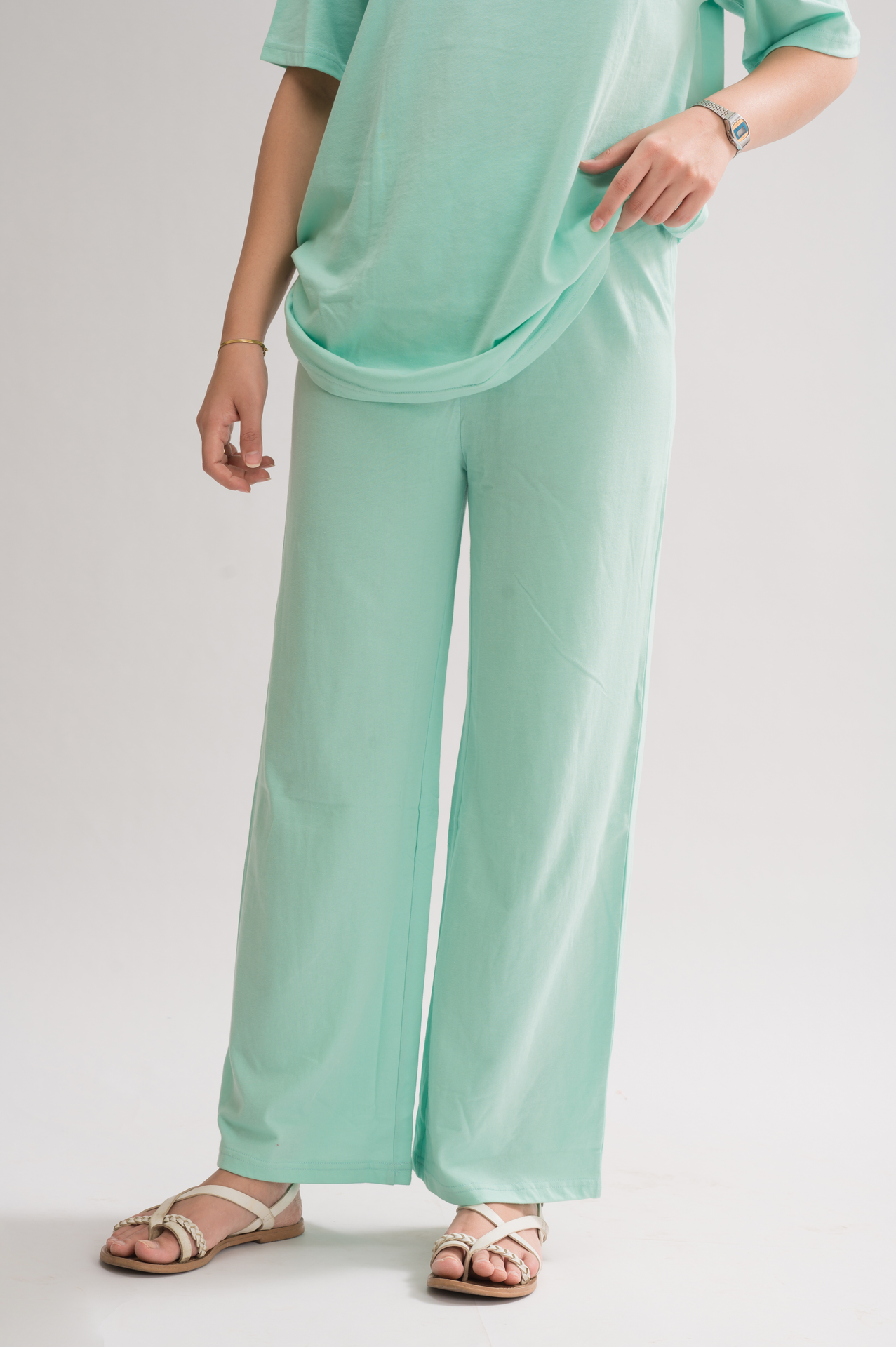 Women’s HoneyDew Relaxed Fit Flared Cotton Blend Trousers front view, featuring an elasticated waist and stylish flared design.