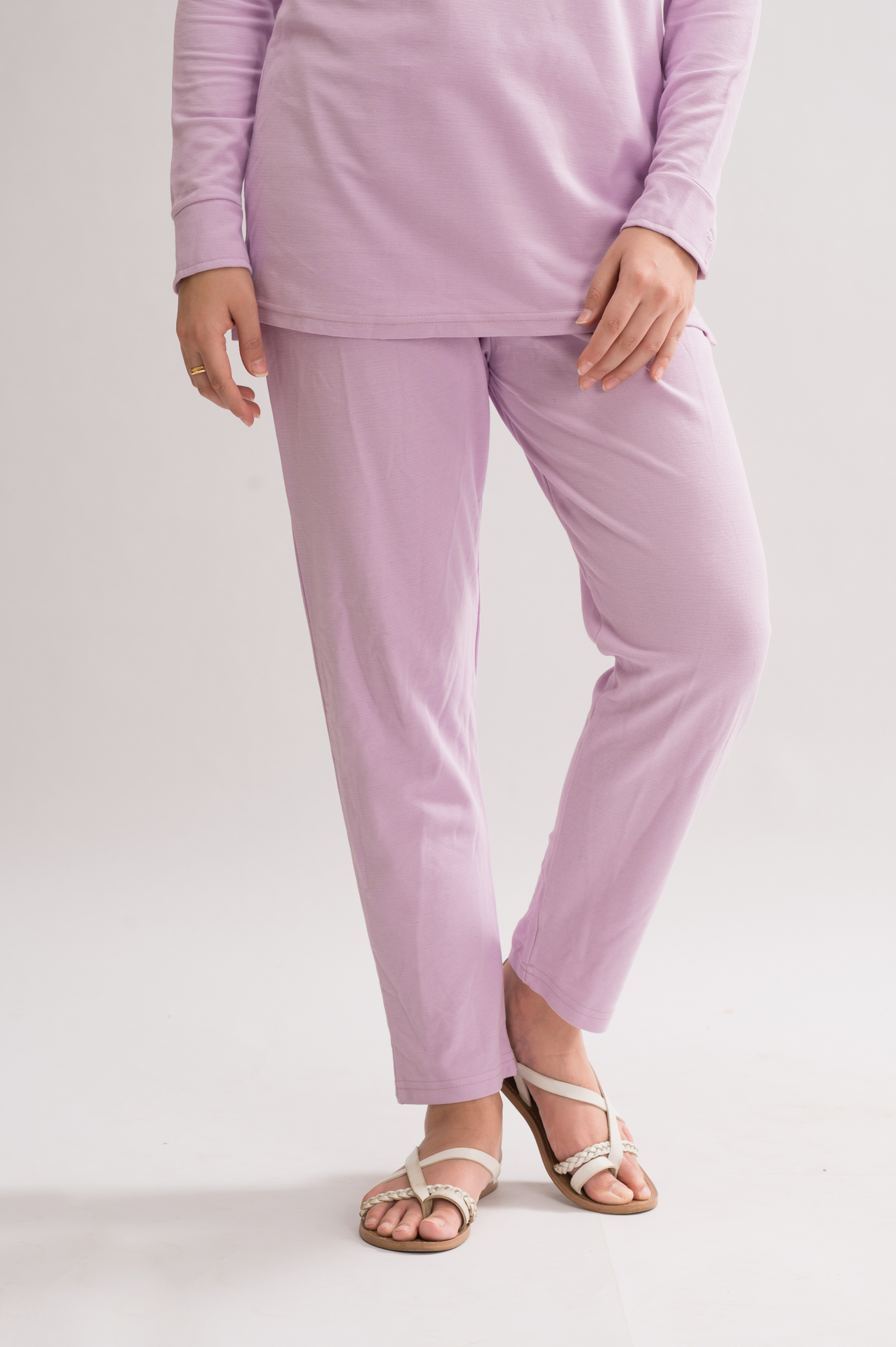 Women’s Lilac Honeycomb Pique Cotton Blend Pants front view, featuring an elasticated waistband and straight fit for a modern silhouette.