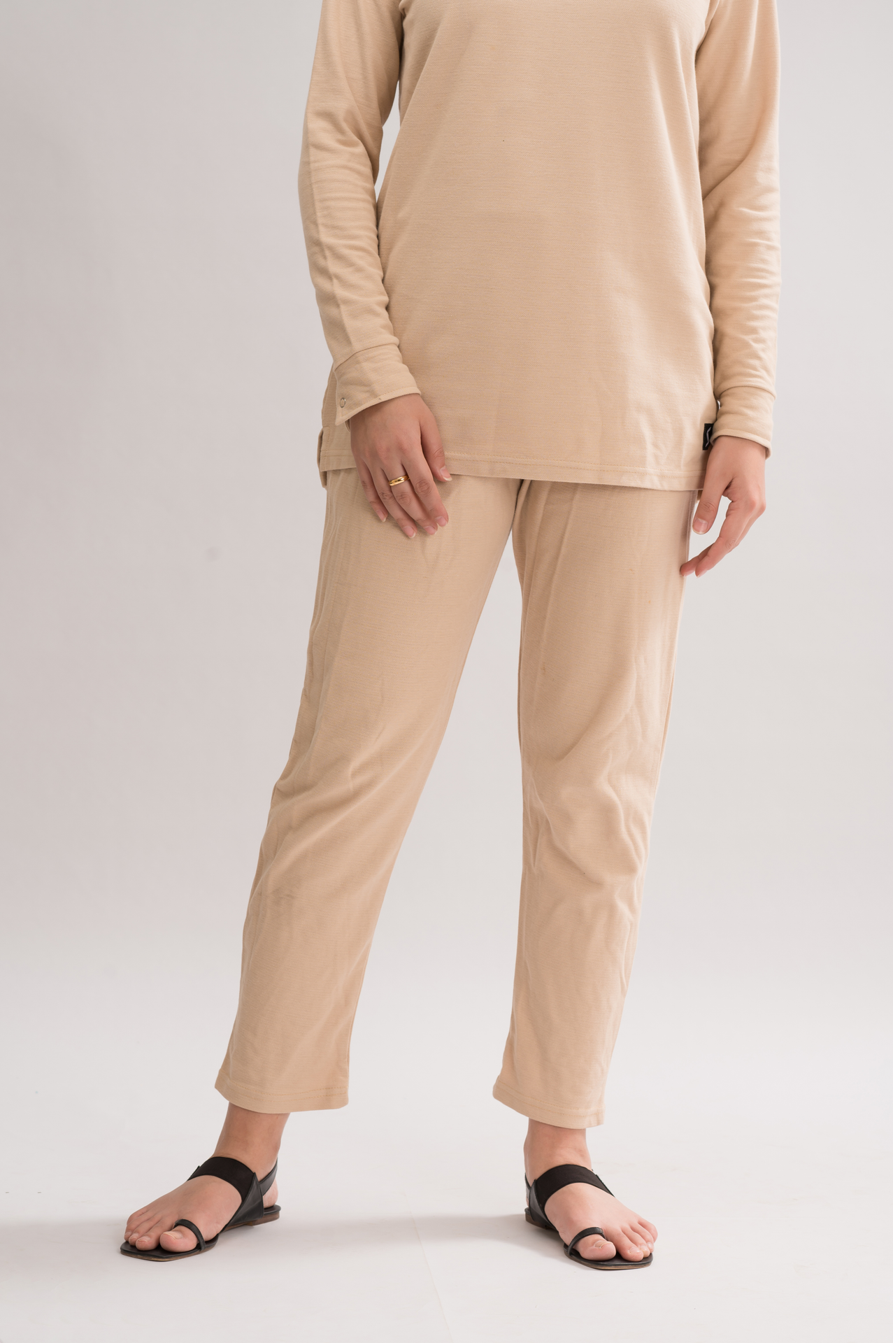 Women’s Oatmeal Honeycomb Pique Cotton Blend Pants front view, featuring an elasticated waistband and straight fit for a modern silhouette.