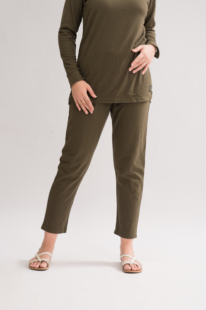 Side view of Women’s Olive Honeycomb Pique Cotton Blend Pants, showcasing the sleek straight fit and luxurious fabric.