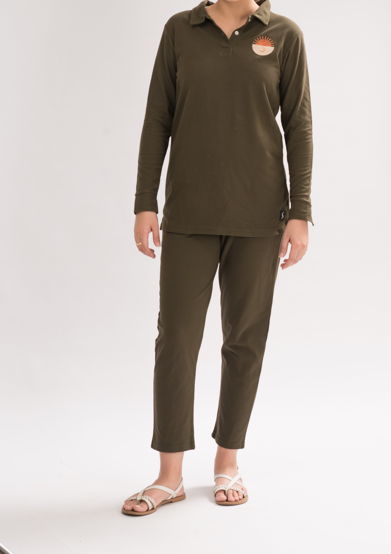 Women’s Olive Honeycomb Pique Cotton Blend Pants front view, featuring an elasticated waistband and straight fit for a modern silhouette.