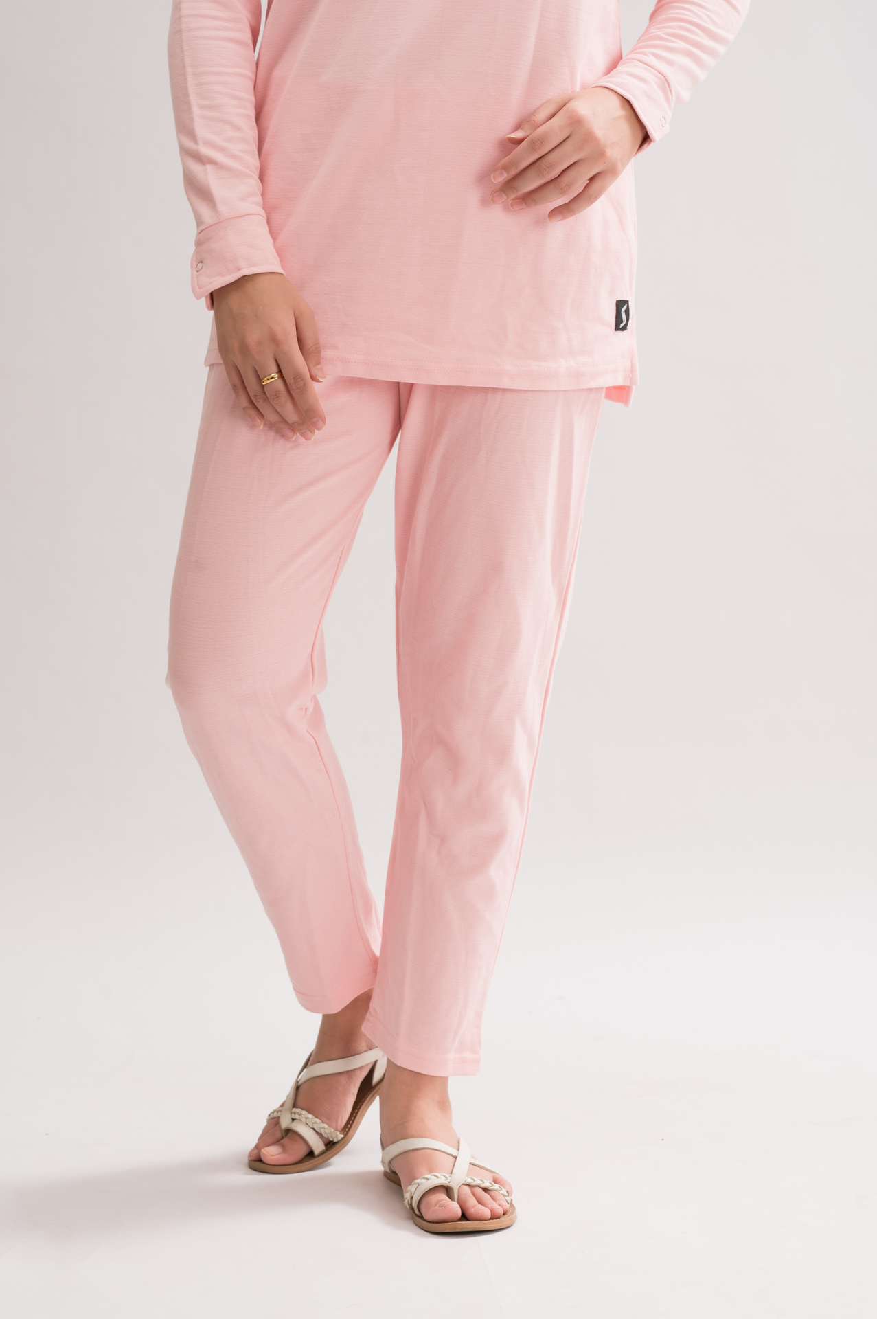 Women’s Rose Shadow Honeycomb Pique Cotton Blend Pants front view, featuring an elasticated waistband and straight fit for a modern silhouette.